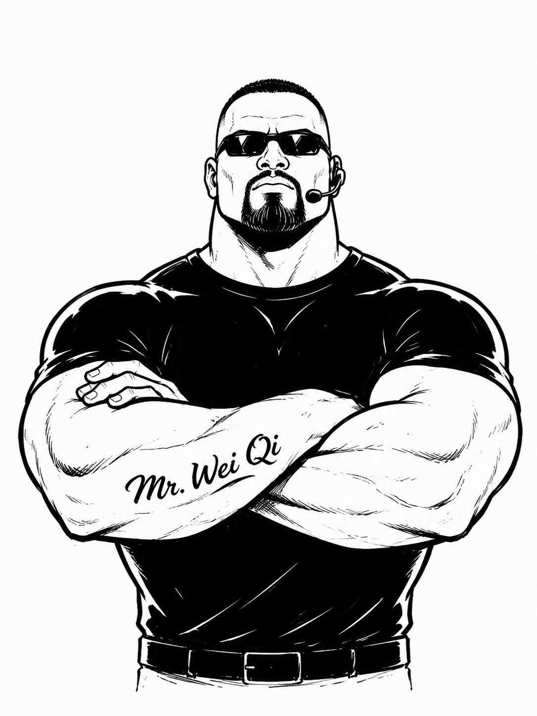 Mr. Wei Qi Man — illustration of a muscular bouncer with arms crossed, tattoo reading Mr. Wei Qi